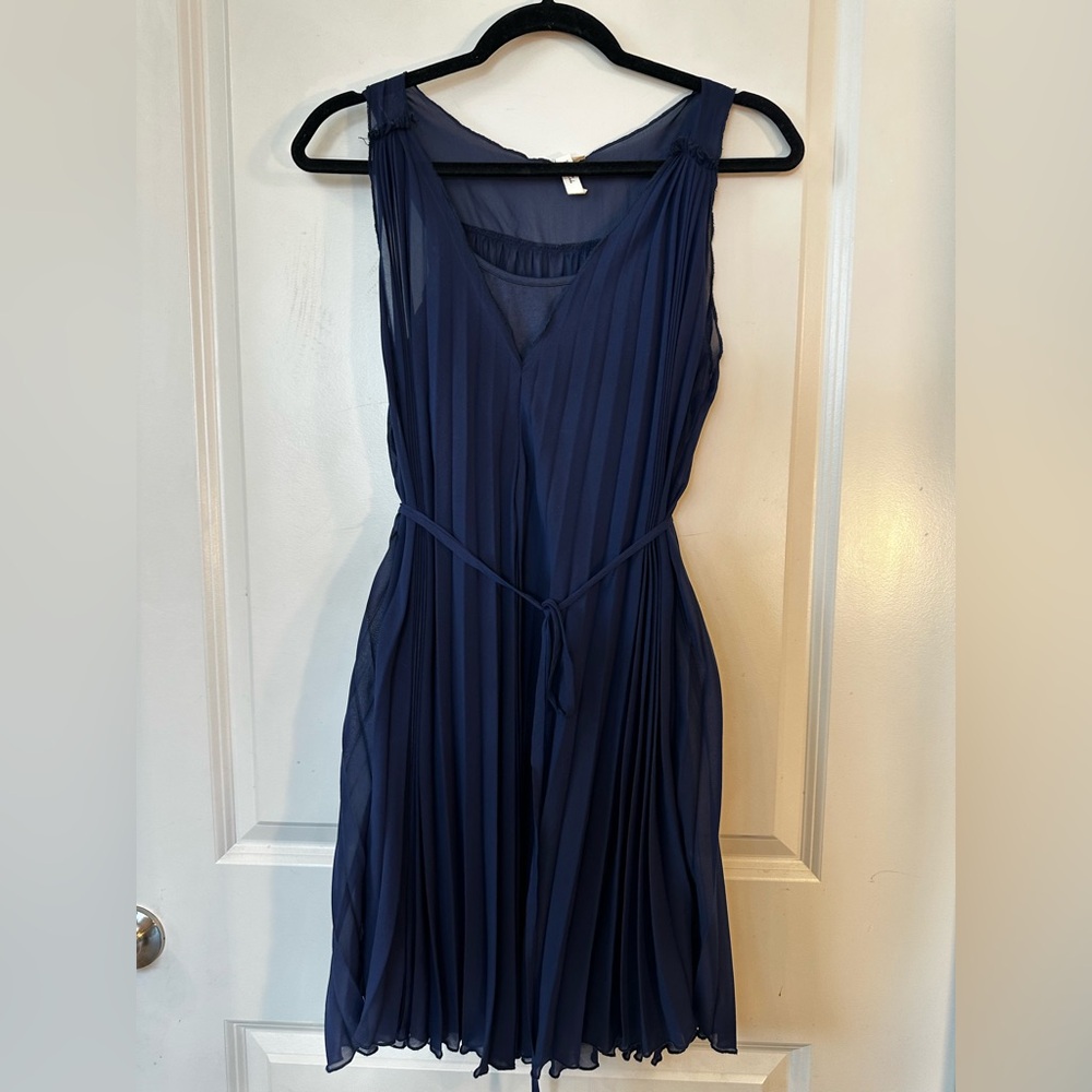 Mind Code Navy Accordion Pleated Belted Chiffon Mini Dress, Small